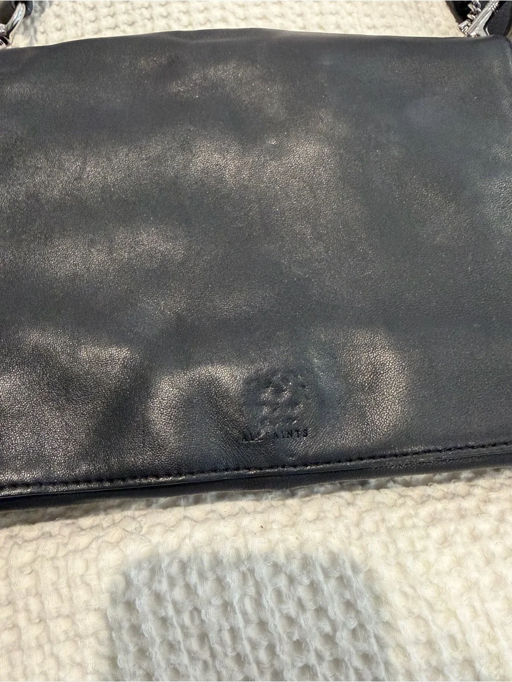 AllSaints Black Leather Flap Crossbody Bag | Wide Adjustable Strap - Picture 2 of 6